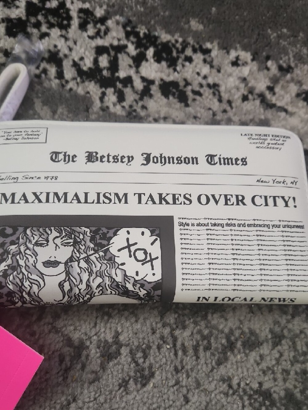 Betsey Johnson Black and White Newspaper Print Wristlet - Picture 2 of 4